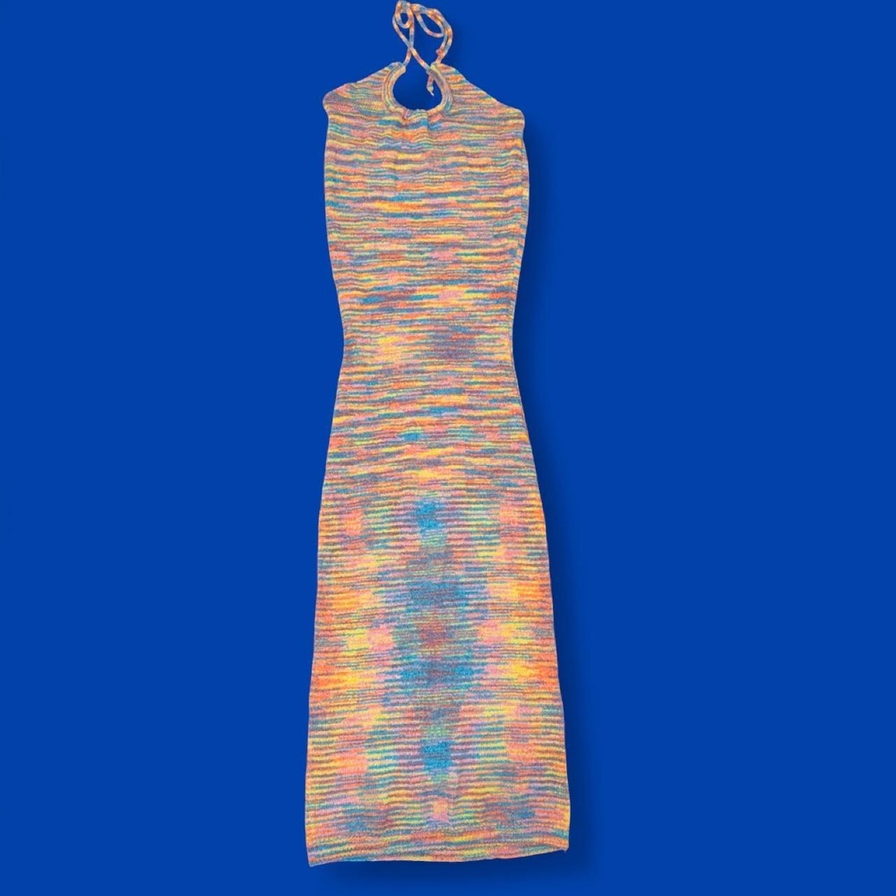 Rehab Lab Rainbow Space Dye Halter Midi Dress Women's Small Bodycon Knit